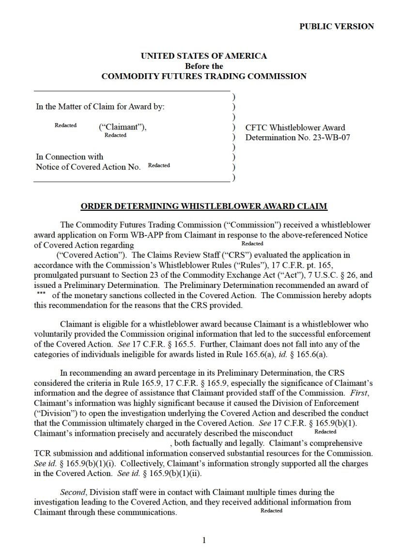 CFTC Whistleblower Determination