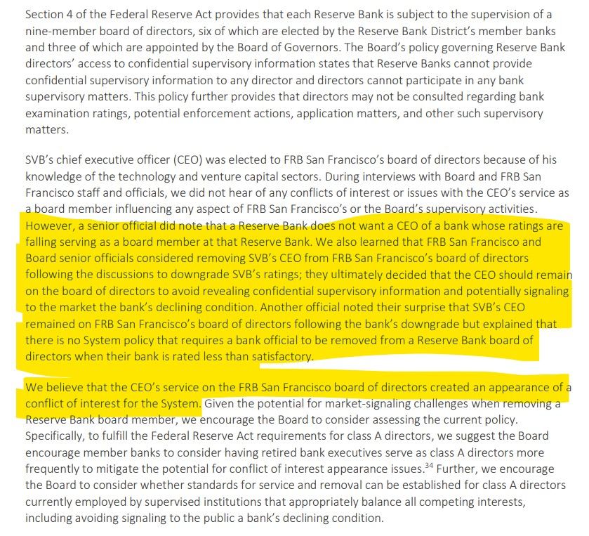  We also learned that FRB San Francisco and Board senior officials considered removing SVB’s CEO from FRB San Francisco’s board of directors following the discussions to downgrade SVB’s ratings