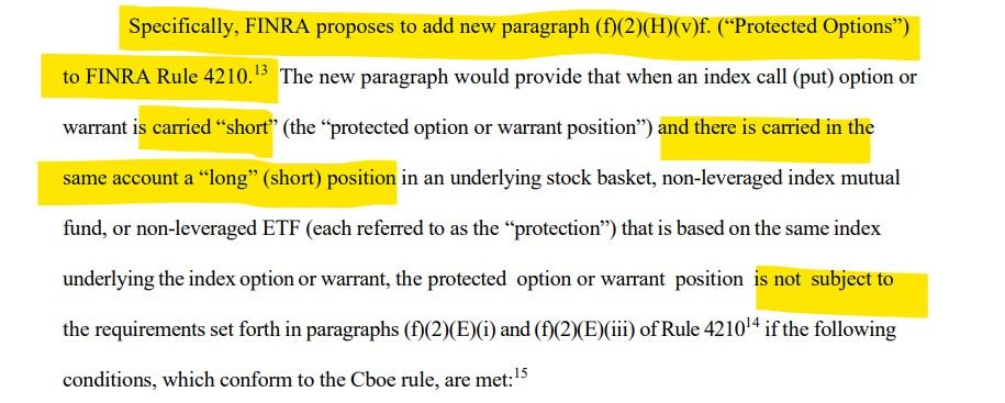 The new paragraph would provide that when an index call (put) option or warrant is carried “short” (the “protected option or warrant position”) and there is carried in the same account a “long” (short) position in an underlying stock basket, non-leveraged index mutual fund, or non-leveraged ETF (each referred to as the “protection”) that is based on the same index underlying the index option or warrant, the protected option or warrant position is not subject to the requirements set forth in paragraphs (f)(2)(E)(i) and (f)(2)(E)(iii) of Rule 421014 if the following conditions, which conform to the Cboe rule, are met