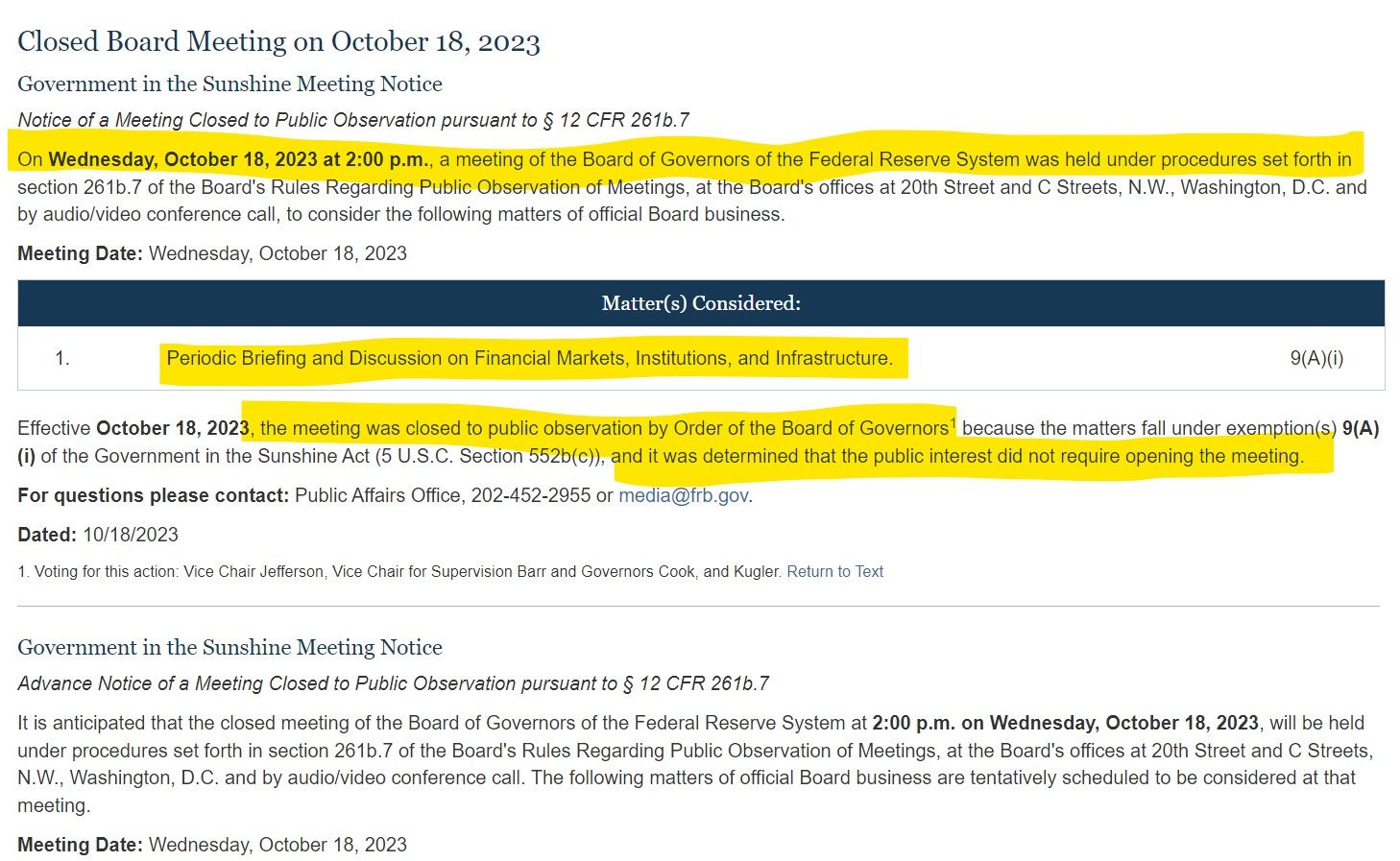 Closed Board Meeting on October 18, 2023