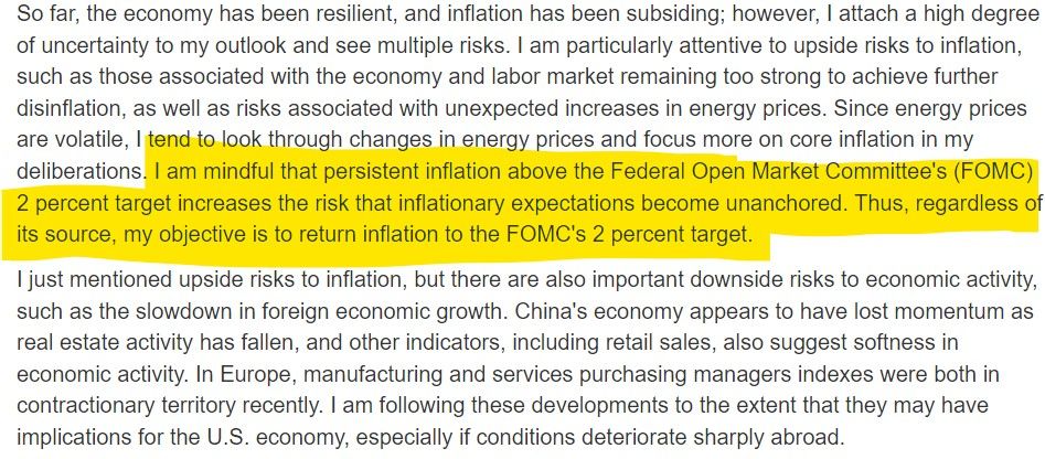 "I am mindful that persistent inflation above the Federal Open Market Committee's (FOMC) 2 percent target increases the risk that inflationary expectations become unanchored."