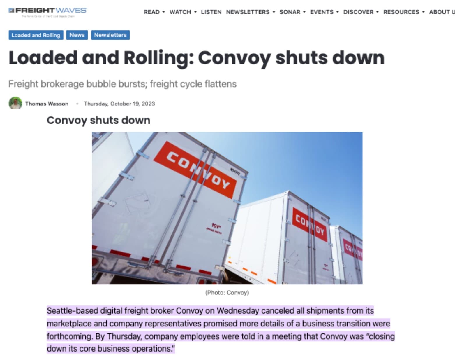 Convoy, the $3.8B valued VC-backed freight brokerage shut down