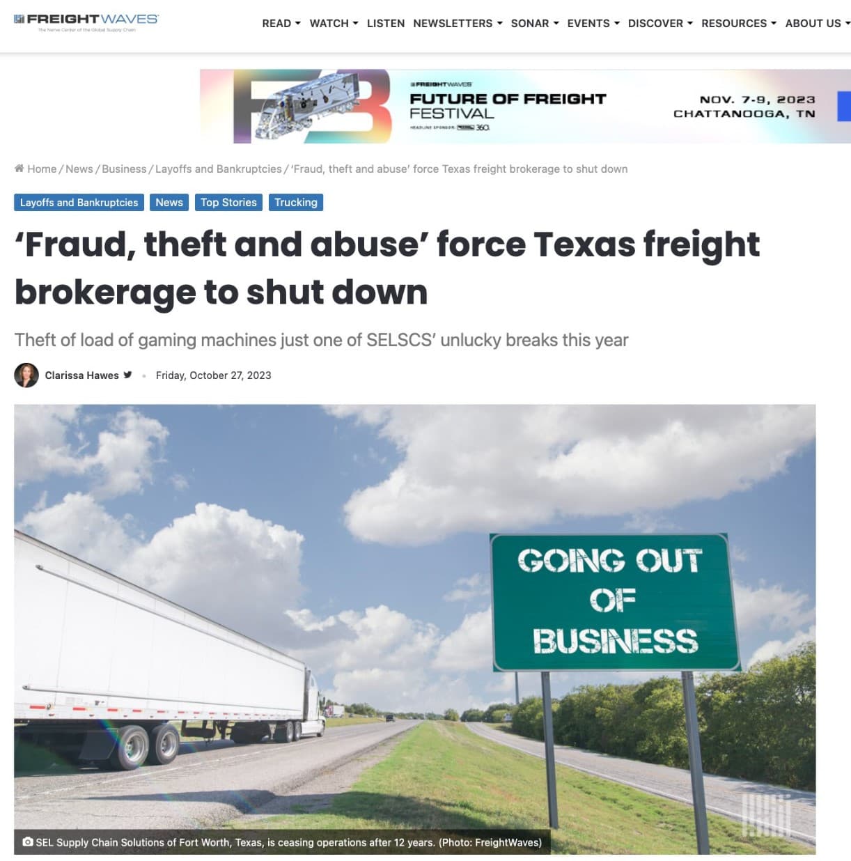 125 out of work when Texas-based freight brokerage shutters ($65M in revenues)