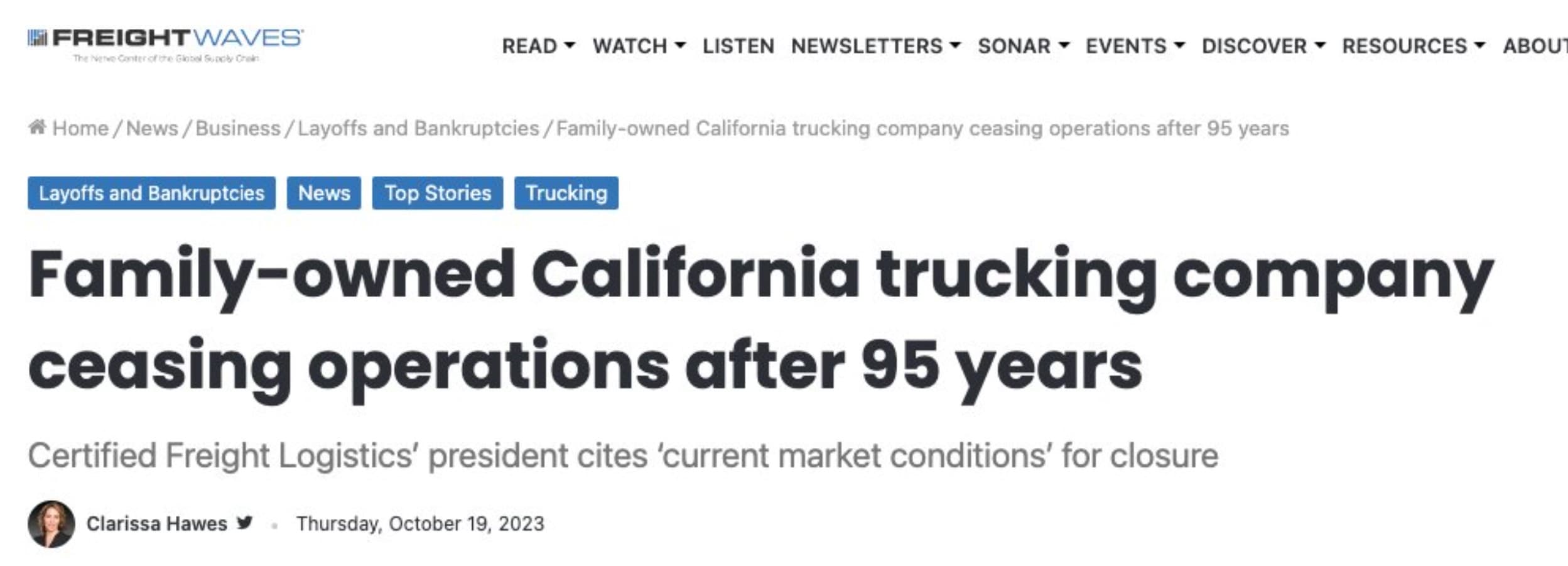 157 out of work with California-based trucking and brokerage firm shuts