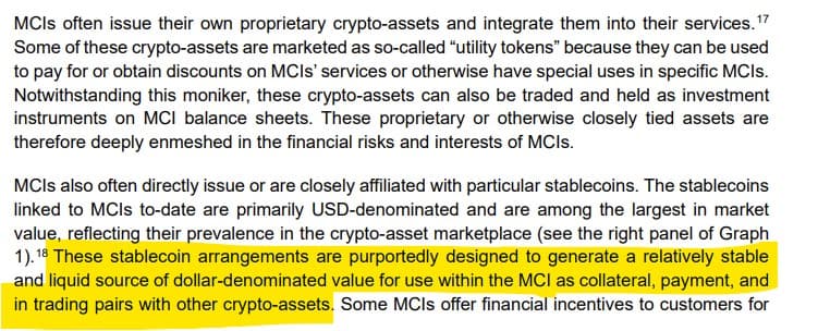 These stablecoin arrangements are purportedly designed to generate a relatively stable and liquid source of dollar-denominated value for use within the MCI as collateral, payment, and in trading pairs with other crypto-assets.