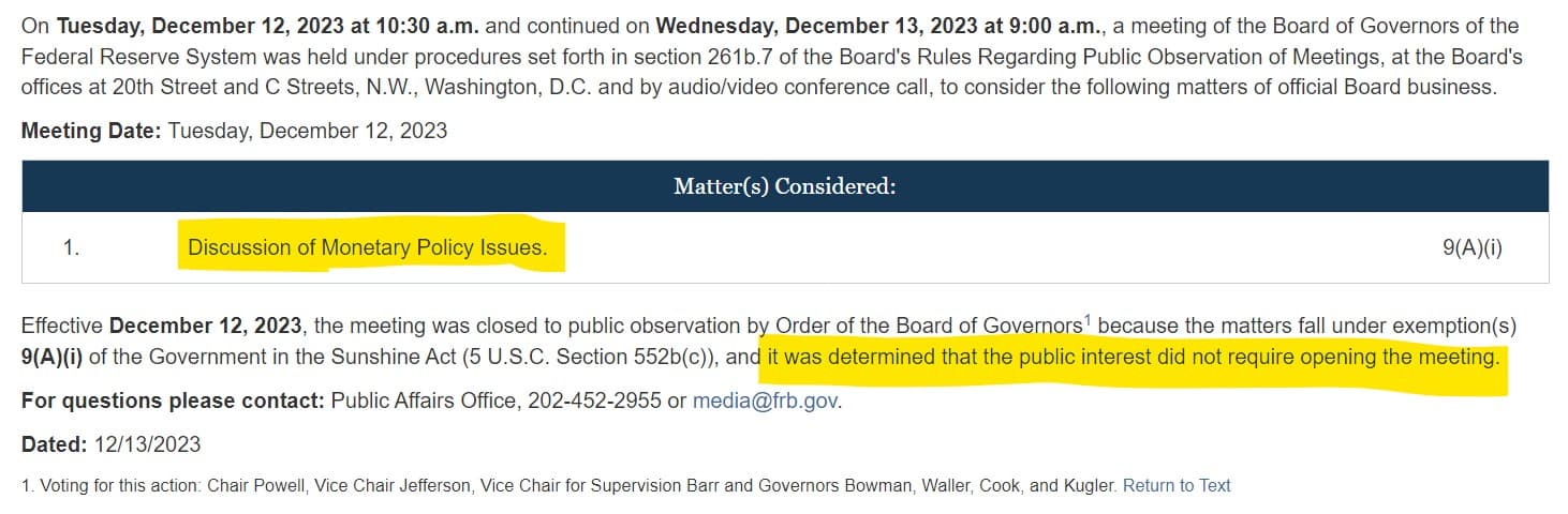 Closed Board Meeting on December 12-13, 2023