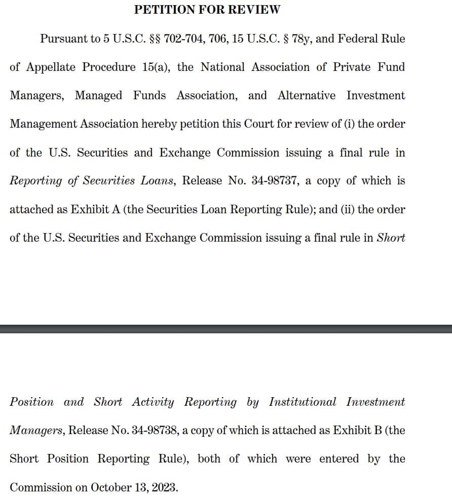 NAPFM, MFA, and AIMA Challenge SEC Securities Lending and Short Position Reporting Rules