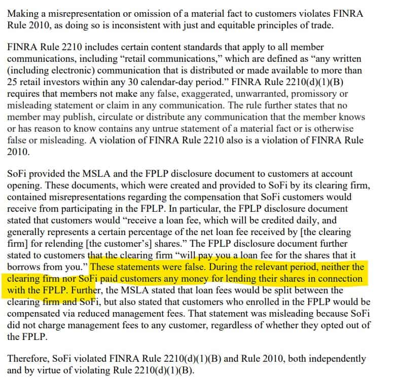 SoFi distributed documents to customers that contained misrepresentations regarding the compensation that customers would receive for participating in the FPLP