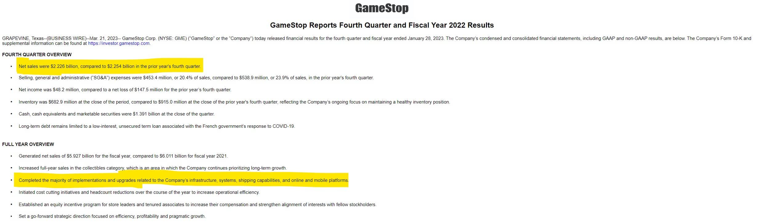 GameStop Reports Fourth Quarter and Fiscal Year 2022 Results