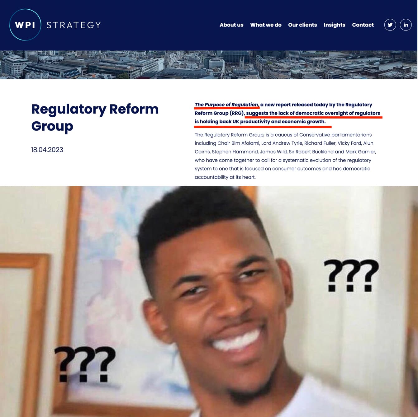 WPI STRATEGY'S REGULATORY REFORM GROUP'S "ABOUT US" PAGE ACCOMPANIED WITH A CONFUSED FACE.