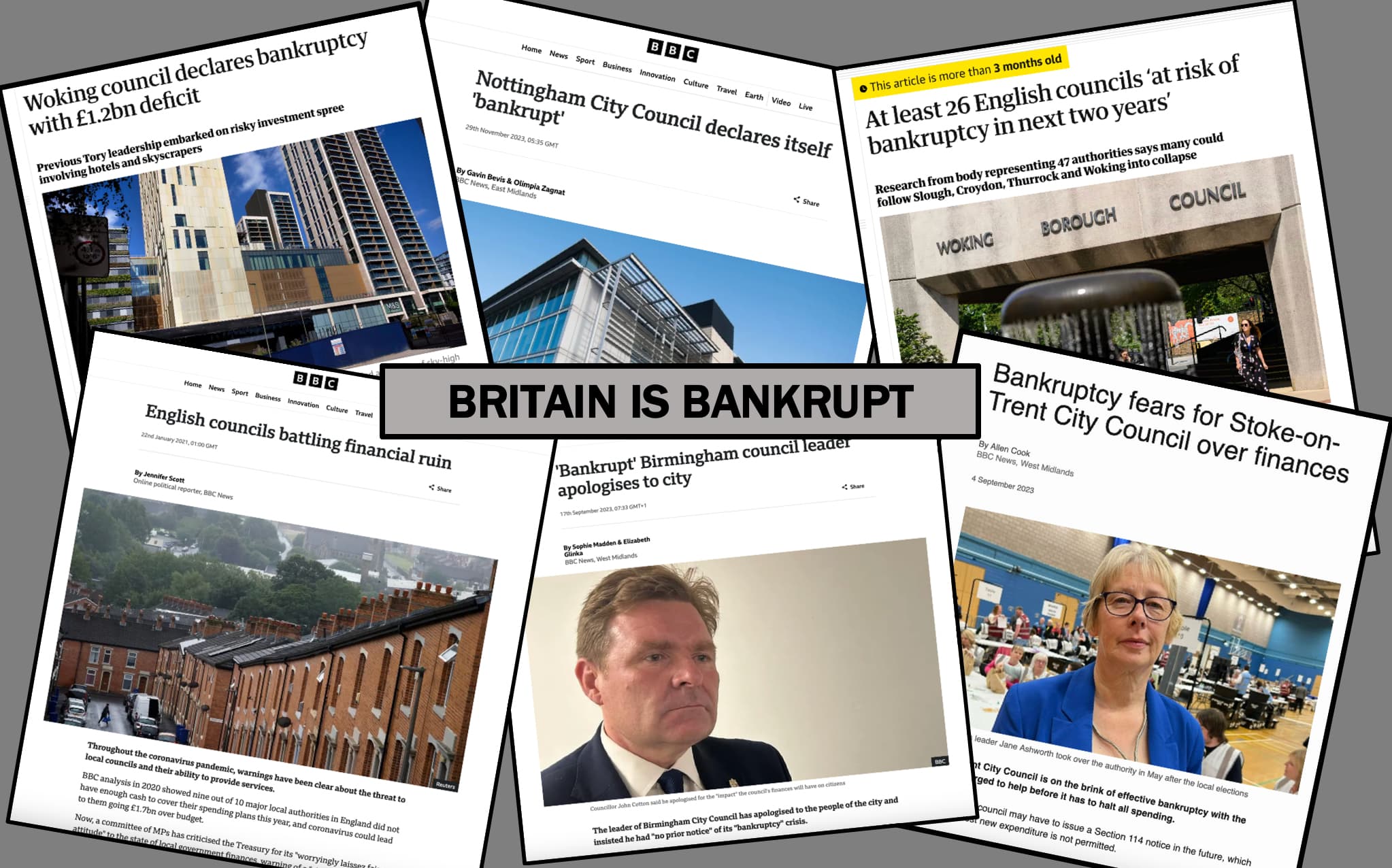 AN IMAGE WITH HEADLINES OF MANY COUNCILS IN BRITAIN DECLARING BANKRUPTCY