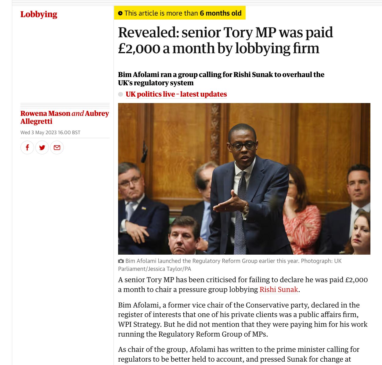 THE GUARDIAN UK NEWS ARTICLE HEADLINE WITH BIM AFOLAMI - "REVEALED: SENIOR TORY MP WAS PAID £2,000 A MONTH BY LOBBYING FIRM"