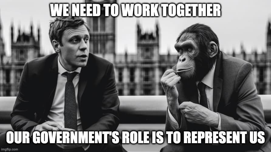 IMAGE DEPICTS AN MP AND APE TOGETHER - CAPTION READS - WE NEED TO WORK TOGETHER