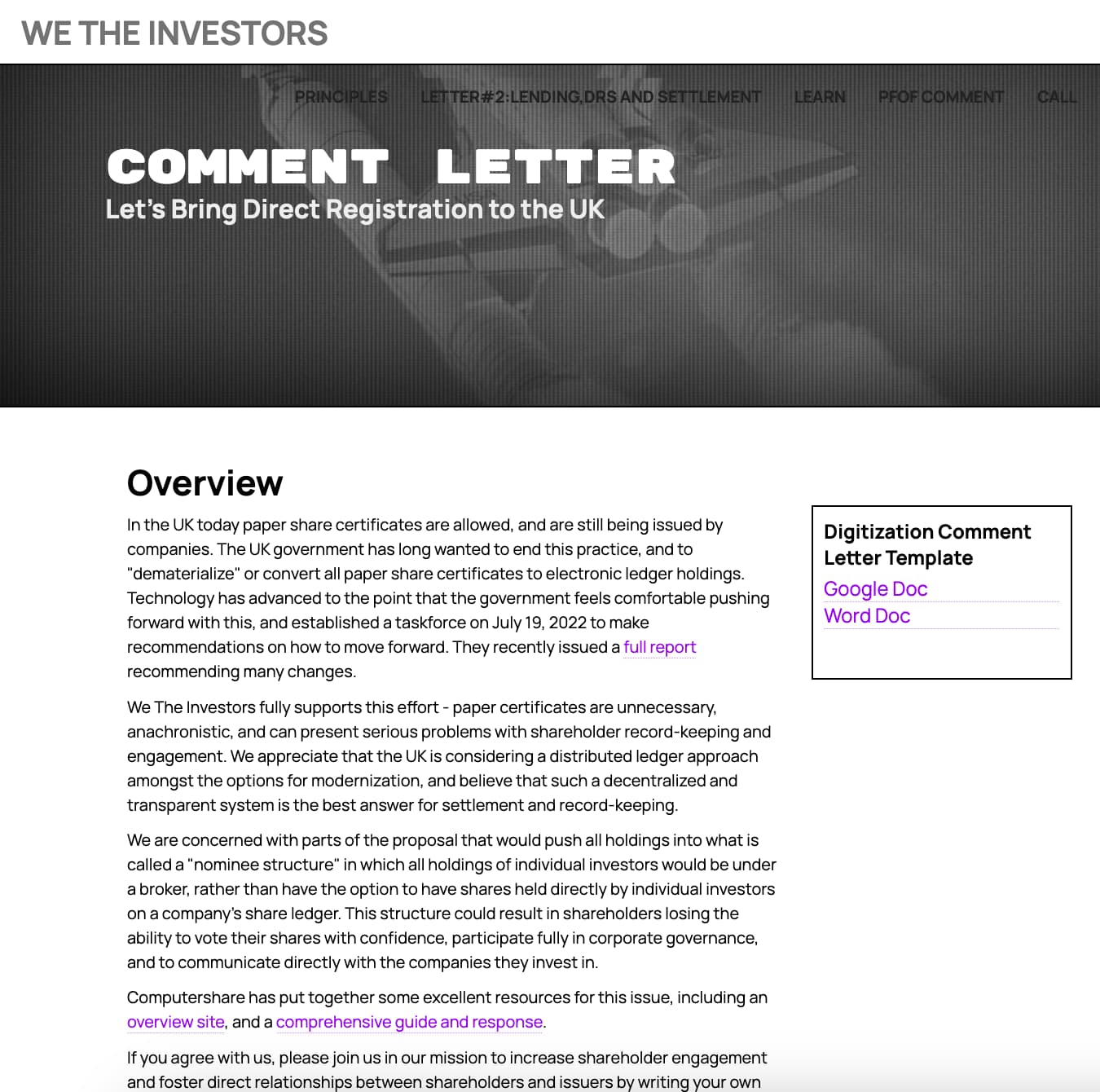 SCREEN SHOT OF WE THE INVESTORS COMMENT LETTER