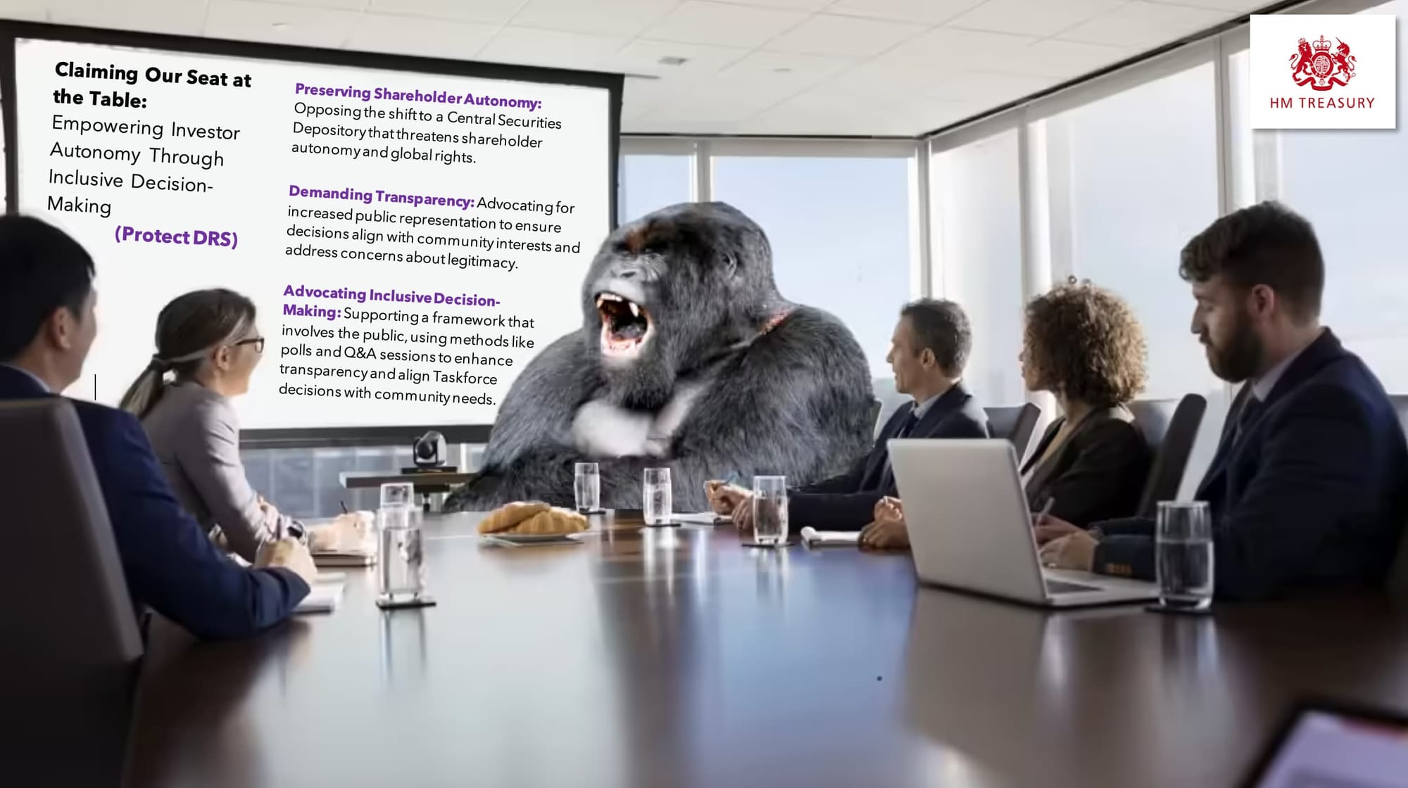 IMAGE DEPICTS APE AT TABLE DISCUSSING NEED FOR REPRESENTATION