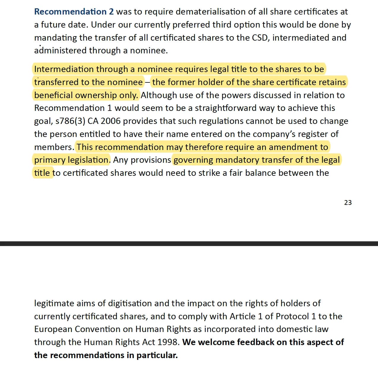 SCREENSHOT FROM UK DIGITISATION PROPOSAL ADVOCATING FOR LEGAL TRANSFER OF SHARE OWNERSHIP