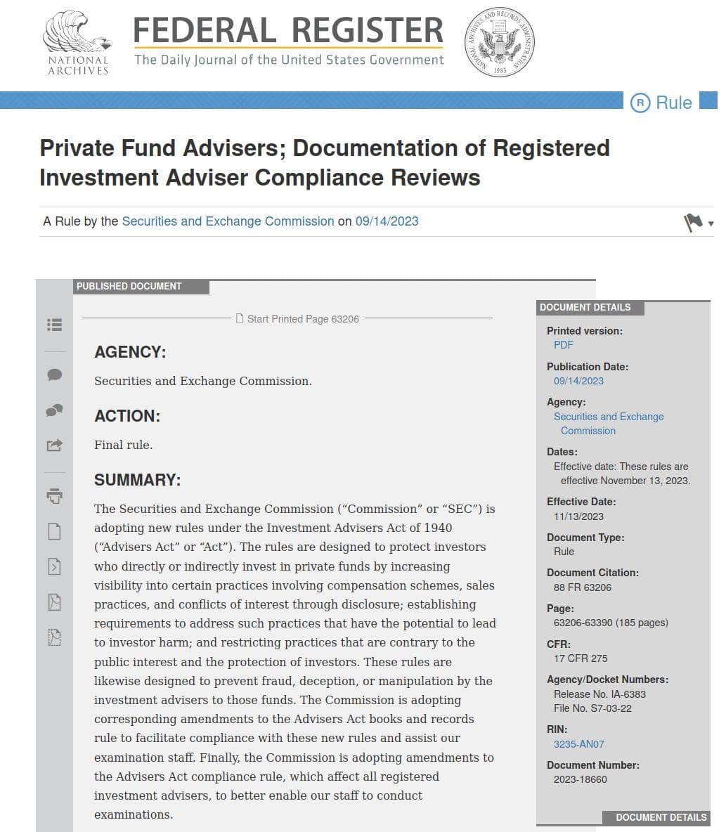 Source: https://www.federalregister.gov/documents/2023/09/14/2023-18660/private-fund-advisers-documentation-of-registered-investment-adviser-compliance-reviews