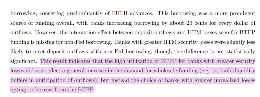 "This result indicates that the high utilization of BTFP for banks with greater security losses did not reflect a general increase in the demand for wholesale funding (e.g., to build liquidity buffers in anticipation of outflows), but instead the choice of banks with greater unrealized losses opting to borrow from the BTFP."