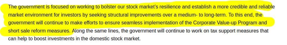 To this end, the government will continue to make efforts to ensure seamless implementation of the Corporate Value-up Program and short sale reform measures.