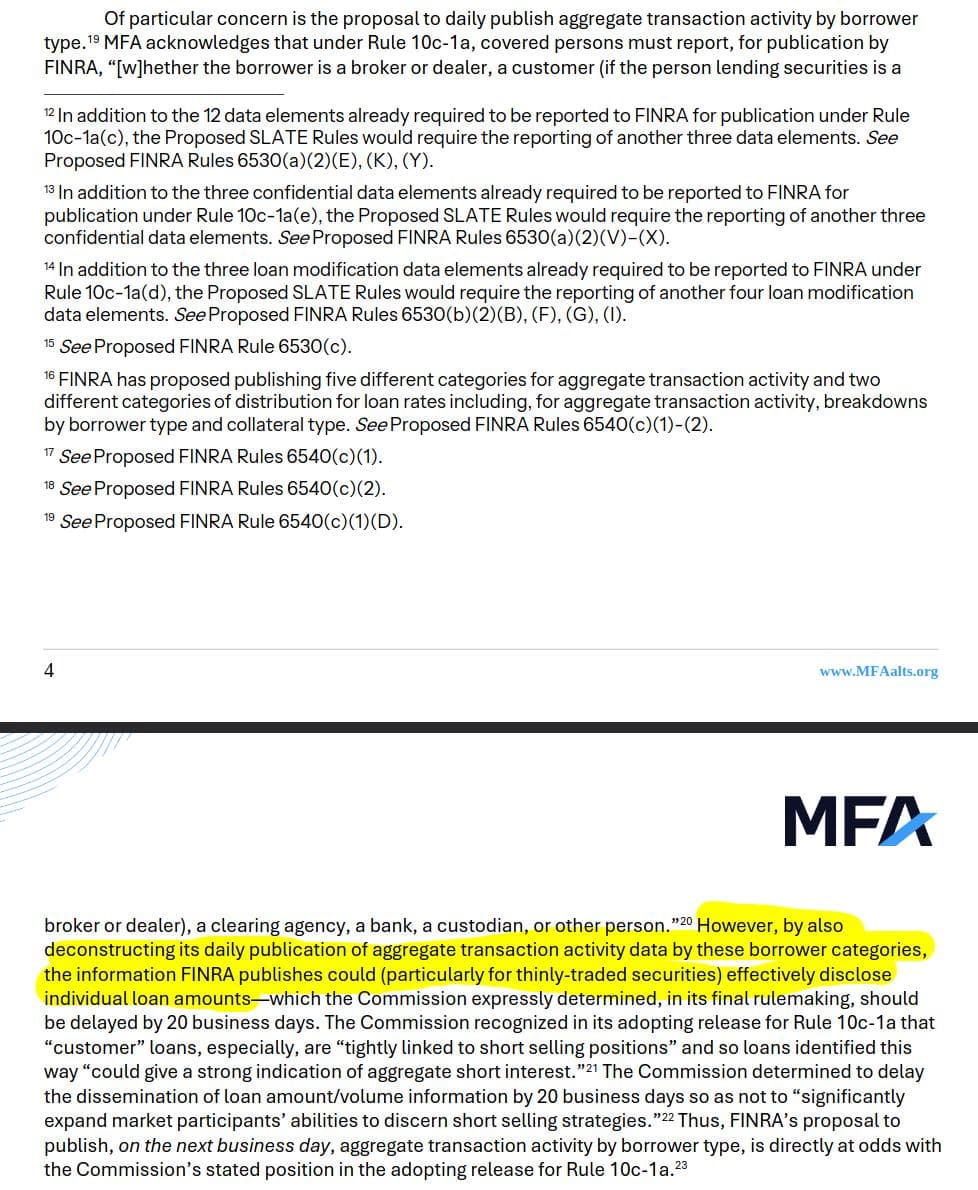 The information FINRA publishes could (particularly for thinly-traded securities) effectively disclose individual loan amounts