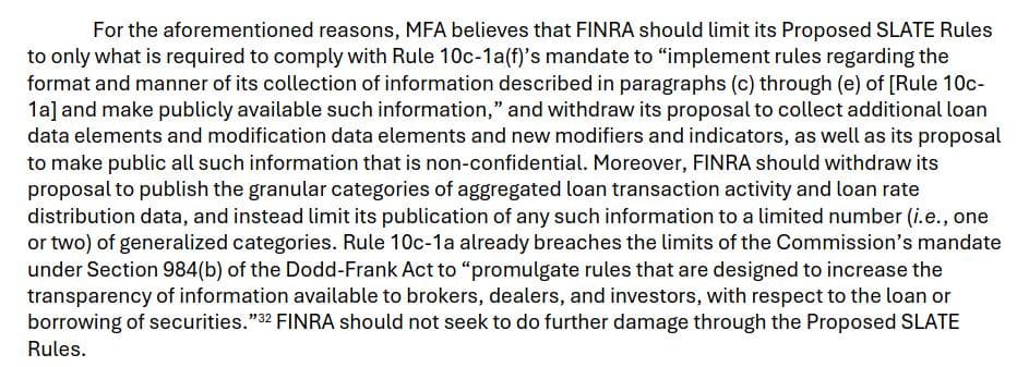 MFA: FINRA Should Limit the Proposed SLATE Rules to What is Mandated by Rule 10c-1a(f):