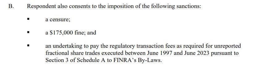 Without admitting fault, a censure, $175,000 fine, and payment of transaction fees