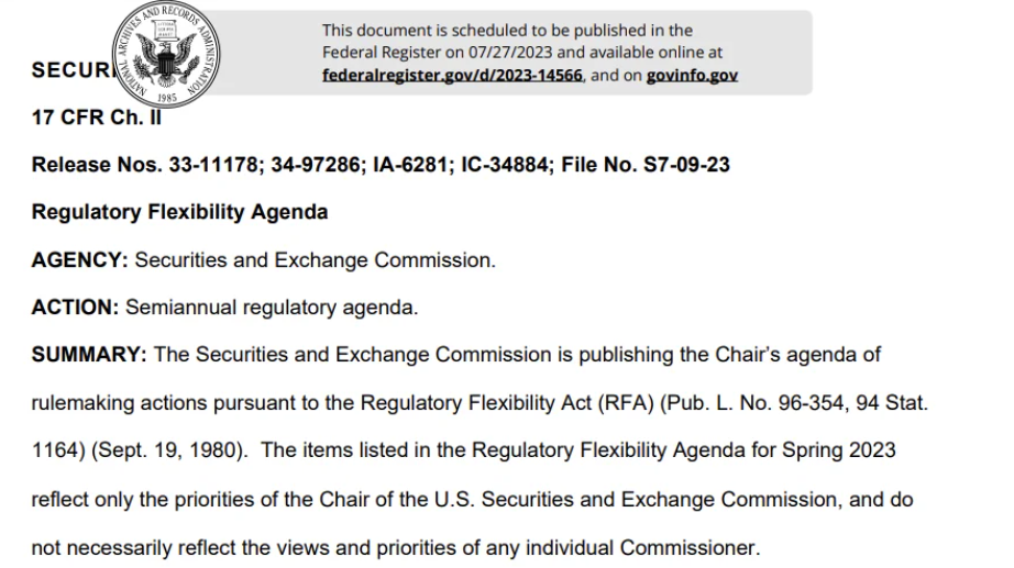 SEC Alert! Upcoming 6-Month Regulatory Plan OPEN for comment! In final rule: shortening transaction cycle, swap requirements, Best Execution, and more! Comment on the agenda due by 8/26/23.