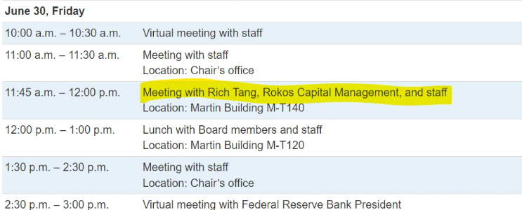 6/30 JPow met with Rich Tang, Rokos Capital Management. At the end of March, Rokos (a hedge fund) decided to de-risk, following double-digit losses. Why the meeting with JPow? Is this hedge fund getting ready to blow up?