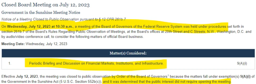 Federal Reserve Alert! Today, a CLOSED meeting of the Board of Governors was held under expedited procedures as it was determined that the public interest did not require opening the meeting.