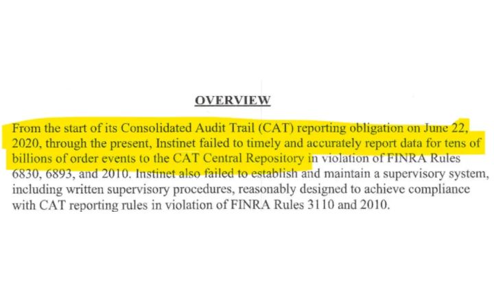 FINRA 'discipline' Alert! "From the start of its Consolidated Audit Trail (CAT) reporting obligation on June 22, 2020, through the present, Instinet failed to timely and accurately report data for tens of billions of order events to the CAT."