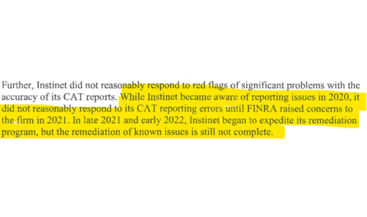 "Unrelated to the data conversion issue, Instinet experienced late reporting issues in connection with at least 26 billion events from 11/2020 through 12/2022, which constituted approximately 8% of the firm's CAT reporting obligation for this period"