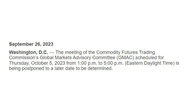 POSTPONED: October 5, 2023 Meeting of the Global Markets Advisory Committee.