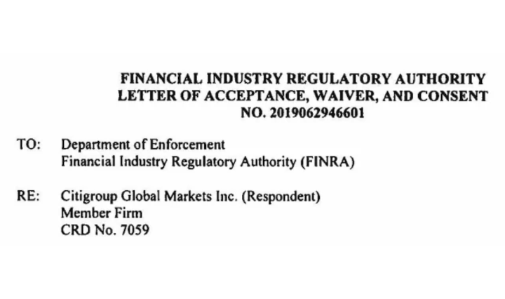 FINRA 'discipline' Alert! Citigroup incorrectly stated that it was acting as an agent (a middleman facilitating the trade between two parties) when it was actually trading as a principal (trading for its own account) on 37,000 transactions.