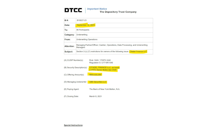 DTC Underwriting Alert! DTC reminds folks of rules around Citadel Finance LLC's $600,000,000 3.375% Senior Notes due 2026.