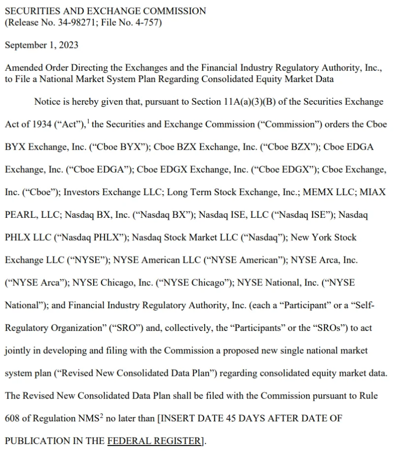 SEC Alert! SEC Directs Equity Exchanges and FINRA to Improve Governance of Market Data Plans.