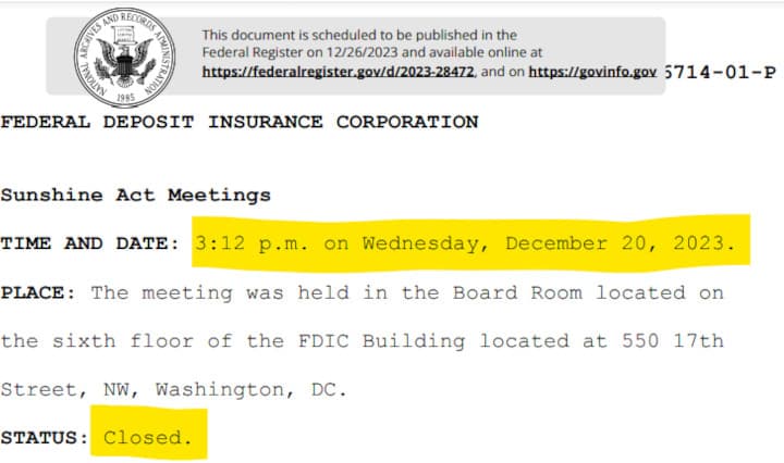 FDIC held a CLOSED meeting at 3:12 pm yesterday to consider resolution activities.