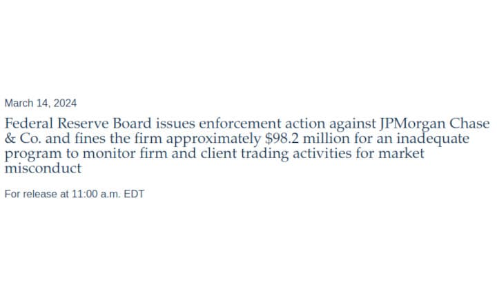 Federal Reserve Board issues enforcement action against JPMorgan Chase & Co. and fines the firm approximately $98.2 million for an inadequate program to monitor firm and client trading activities for market misconduct.